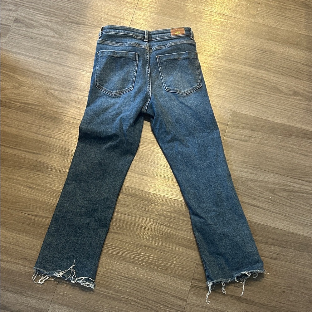 Zara Straight Leg Frayed Hem Jeans - Blue - Picture 3 of 3